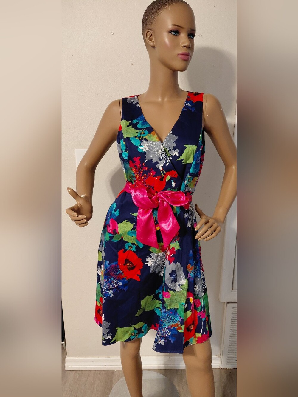 Spense Navy Floral Midi Dress with Hot Pink Sash